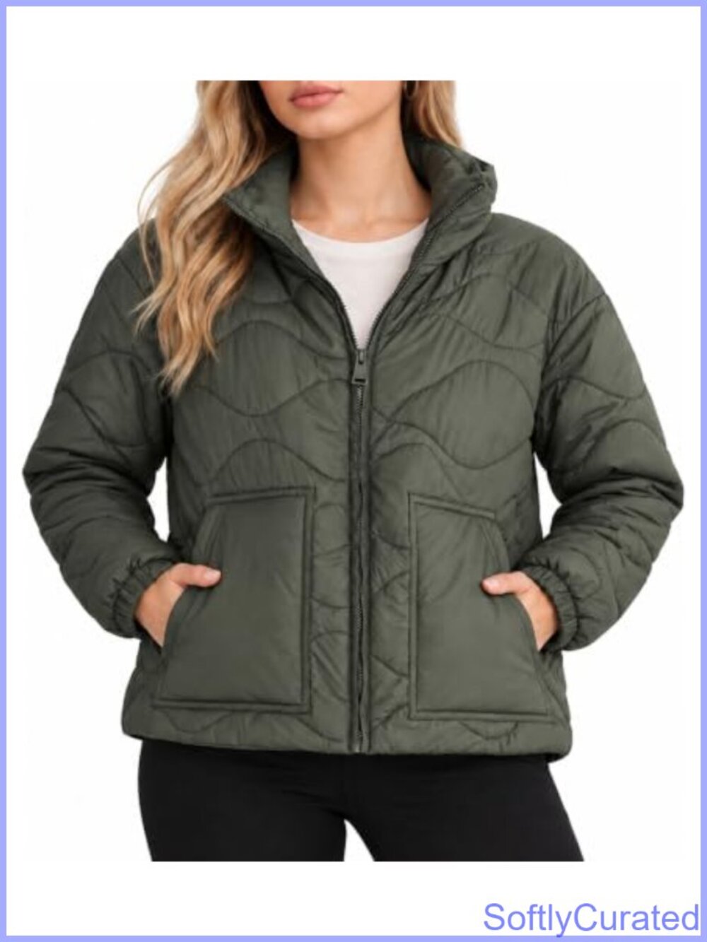 Lightweight Puffer Jacket Wave Quilted Stand Collar Full Zip Pockets